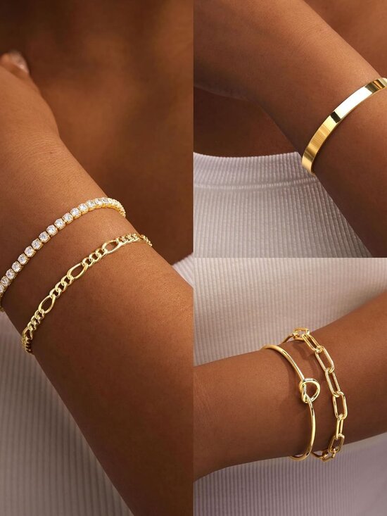 Gold Bracelets Set for Women Non Tarnish, Waterproof 14K Gold Plated Sterling Si - Picture 3 of 6
